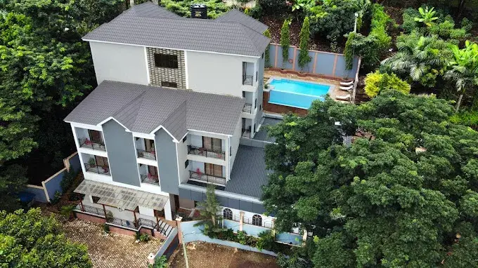 Garden hotel with a pool in Arusha, seen from above