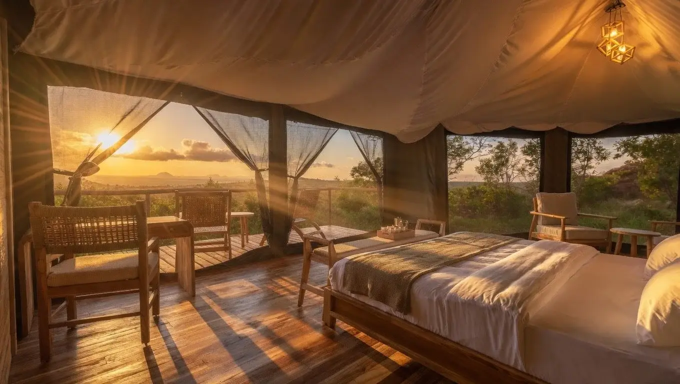 Tented suite open to the plains at sunrise